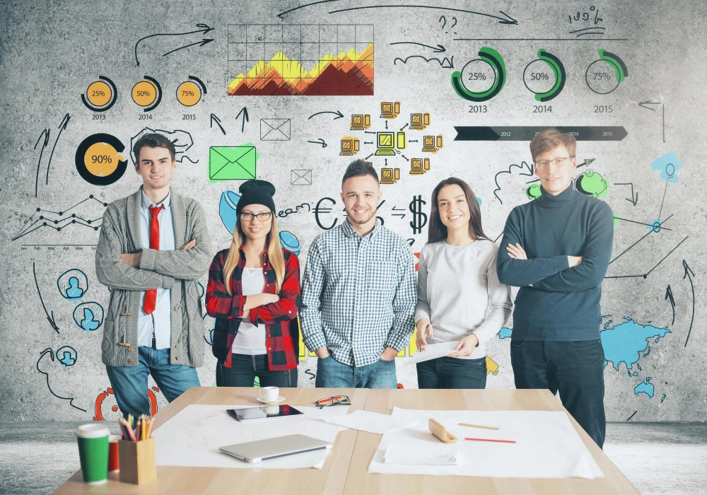 Five-person diverse SEO and link building team collaborating around a desk with analytics charts, growth metrics, and strategic planning visualisations on a concrete wall background