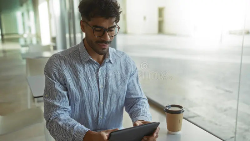 man beard clinic room holding tablet