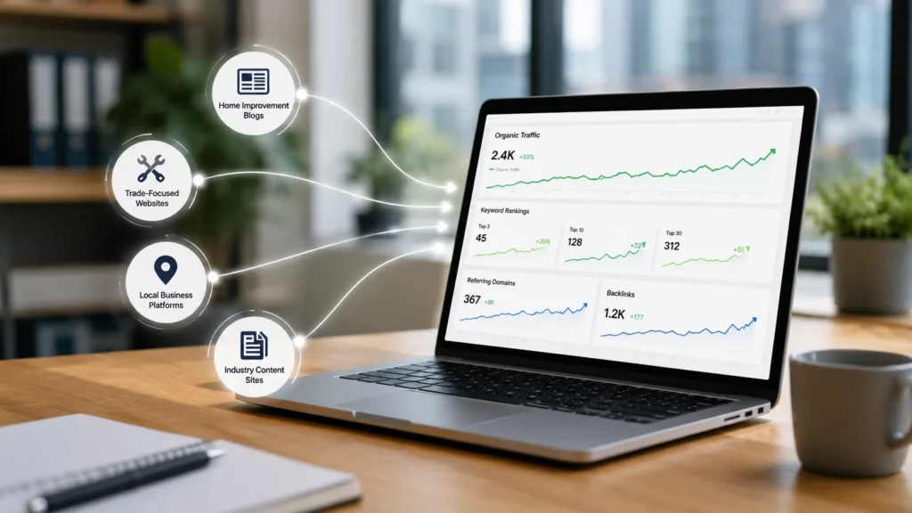 Laptop displaying SEO analytics with rising organic traffic, keyword rankings and backlinks, representing authority building for home improvement businesses