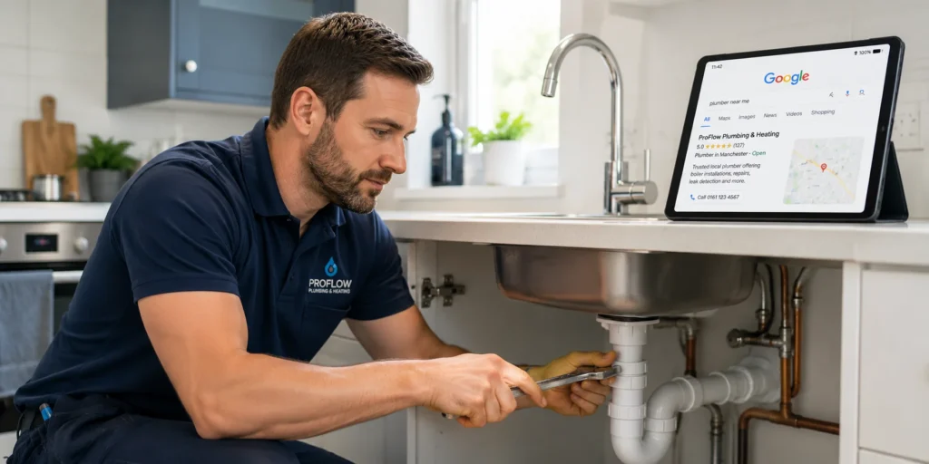 UK plumber working on kitchen pipes while checking Google search results, representing link building for plumber seo services UK and improved online visibility